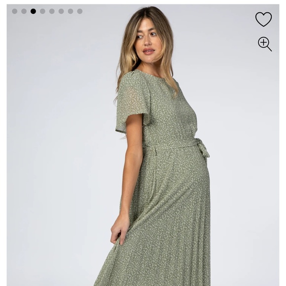 Light Olive Leaf Print Pleated Maternity Midi Dress - Picture 2 of 6